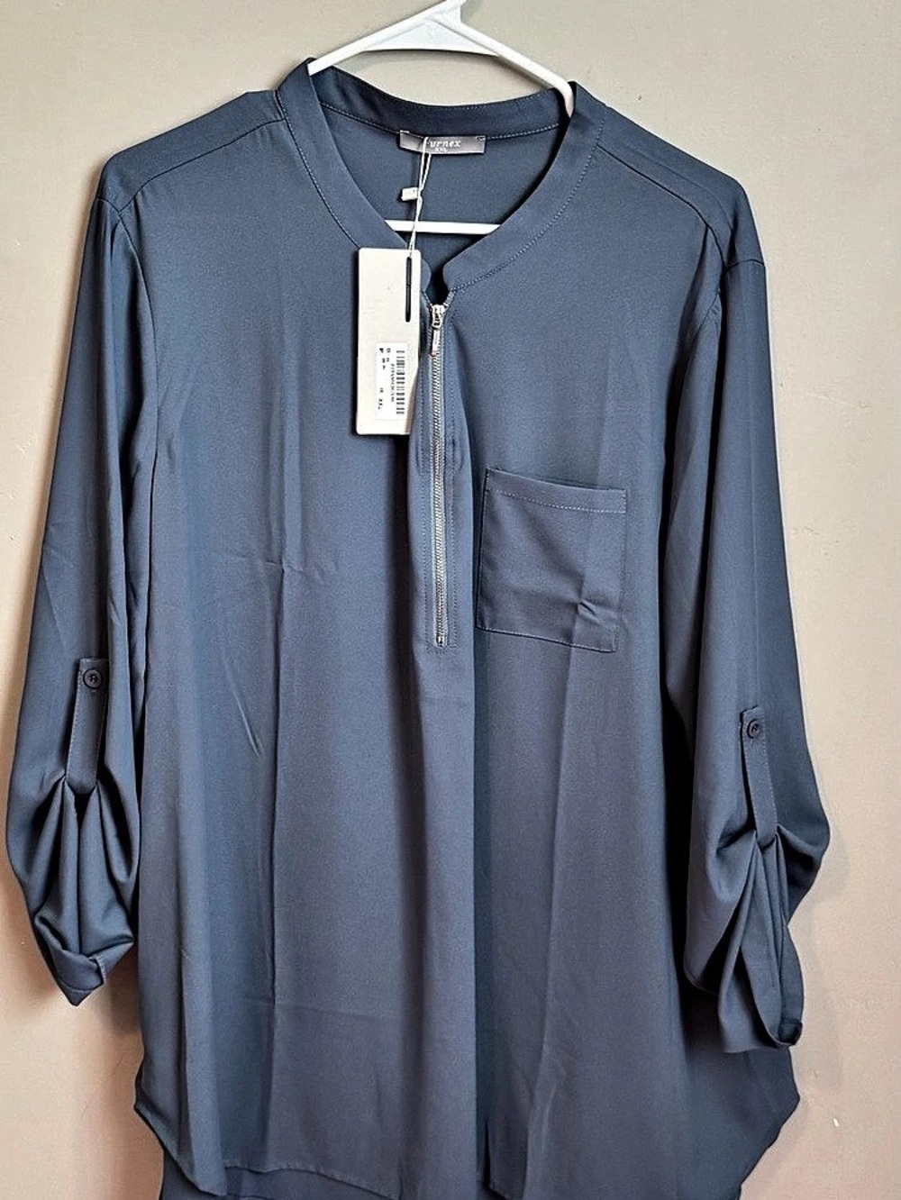 Furnex Women's V Neck Chiffon Blouse Half Zip up Tunic Blue XL